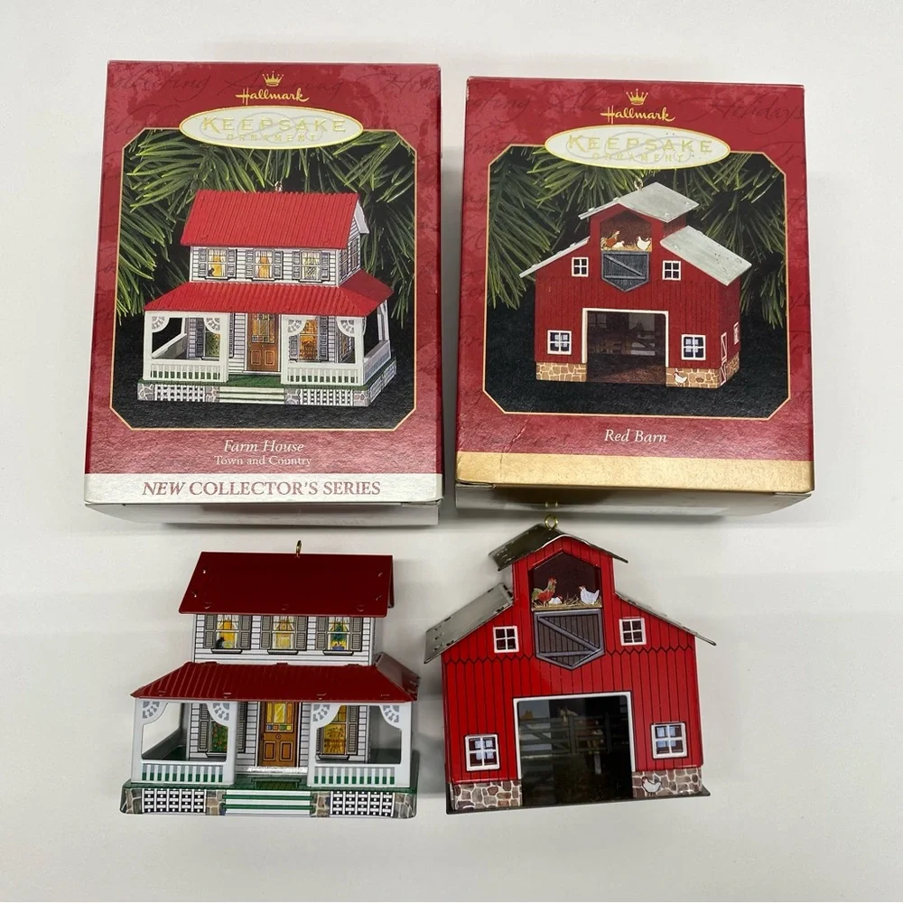 Hallmark Keepsake Ornaments Town & Country Series Farm House & Red Barn Set of 2